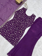 Wine Crushed Silk Sequin Zari Kurta Set with Bell-Bottom — Festive Wear