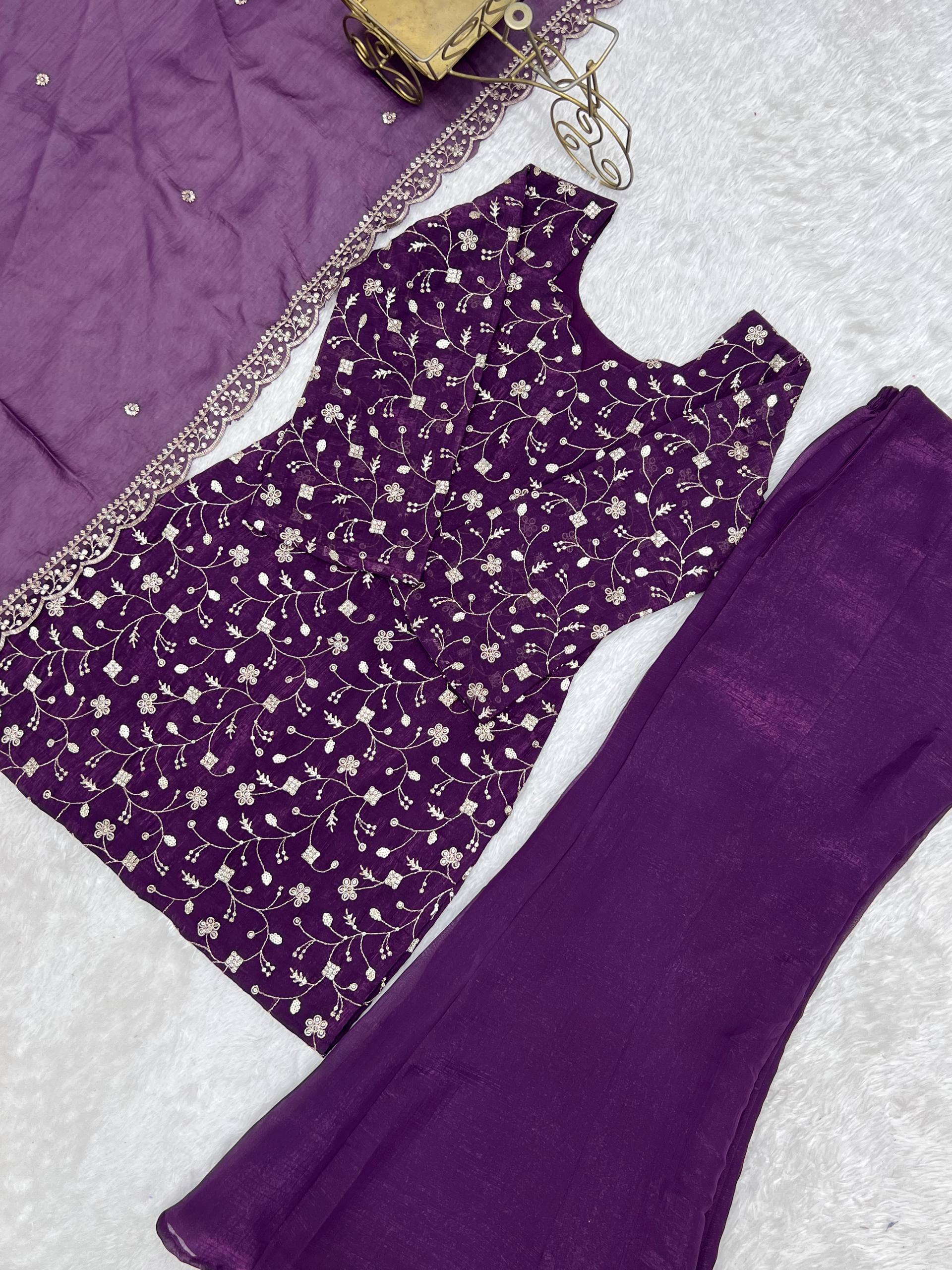 Wine Crushed Silk Sequin Zari Kurta Set with Bell-Bottom — Festive Wear