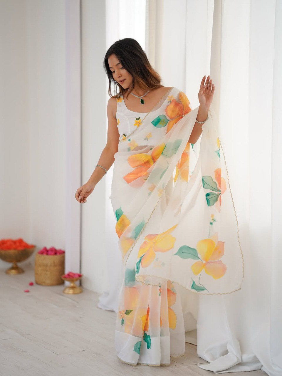 Organza Silk Printed & Handwork Ready To Wear Saree | Stitched Blouse | Multi