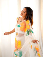 Organza Silk Printed & Handwork Ready To Wear Saree | Stitched Blouse | Multi