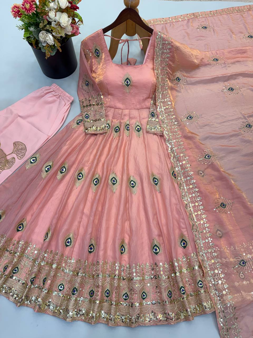 Fendy Silk Gown Set | Sequin Embroidered Dupatta | VrindaaLuxe