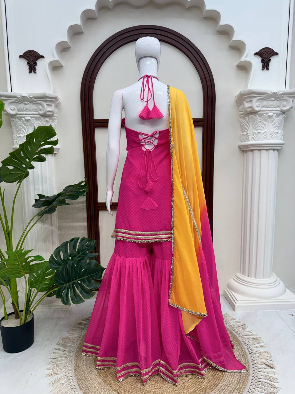 Heavy Faux Georgette Digital Print Mirror Work Sharara Set | Lace Dupatta | VrindaaLuxe