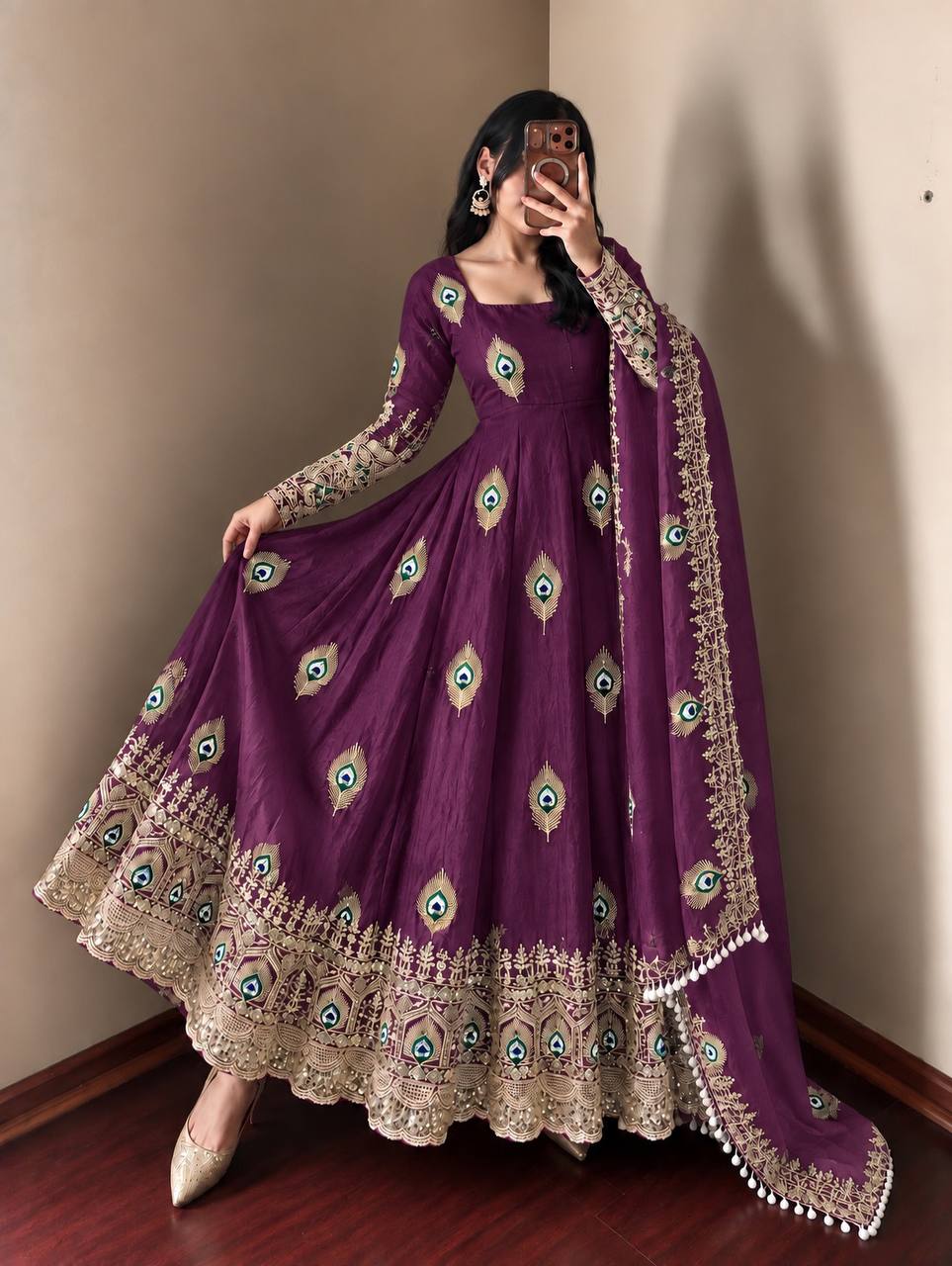 Fendy Silk Gown Set | Sequin Embroidered Dupatta | VrindaaLuxe
