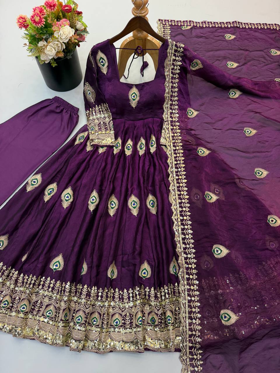Fendy Silk Gown Set | Sequin Embroidered Dupatta | VrindaaLuxe
