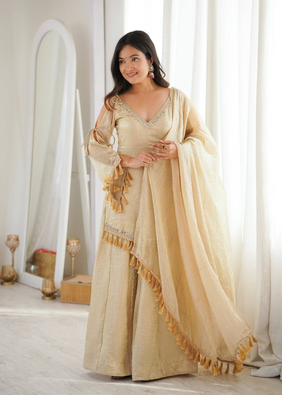 Doremon Crush Mirror Work Top Palazzo Set | Lace Border Dupatta