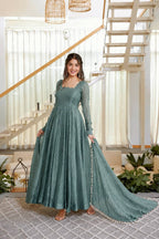 Foil Work Salsa Silk Gown Set with Dupatta