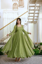 Foil Work Salsa Silk Gown Set with Dupatta