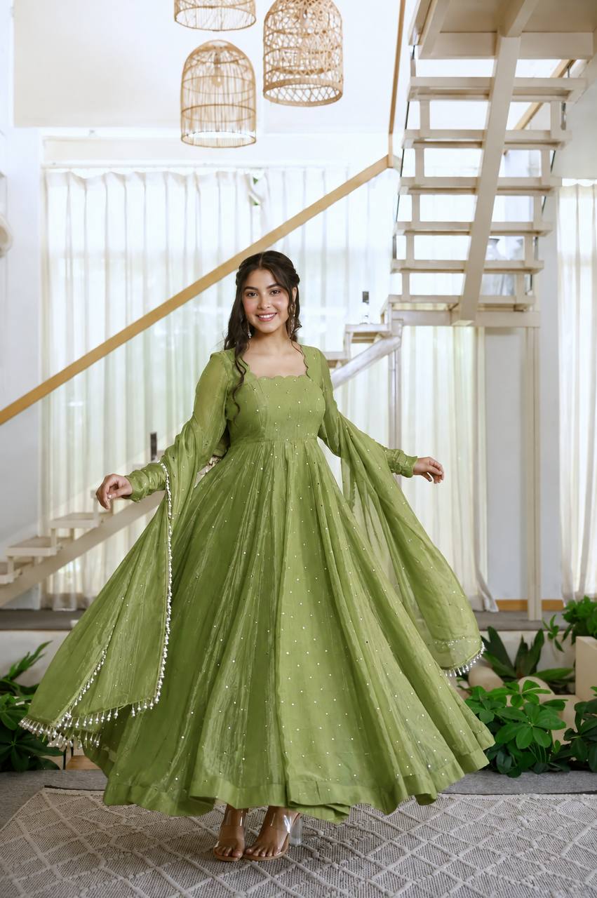 Foil Work Salsa Silk Gown Set with Dupatta