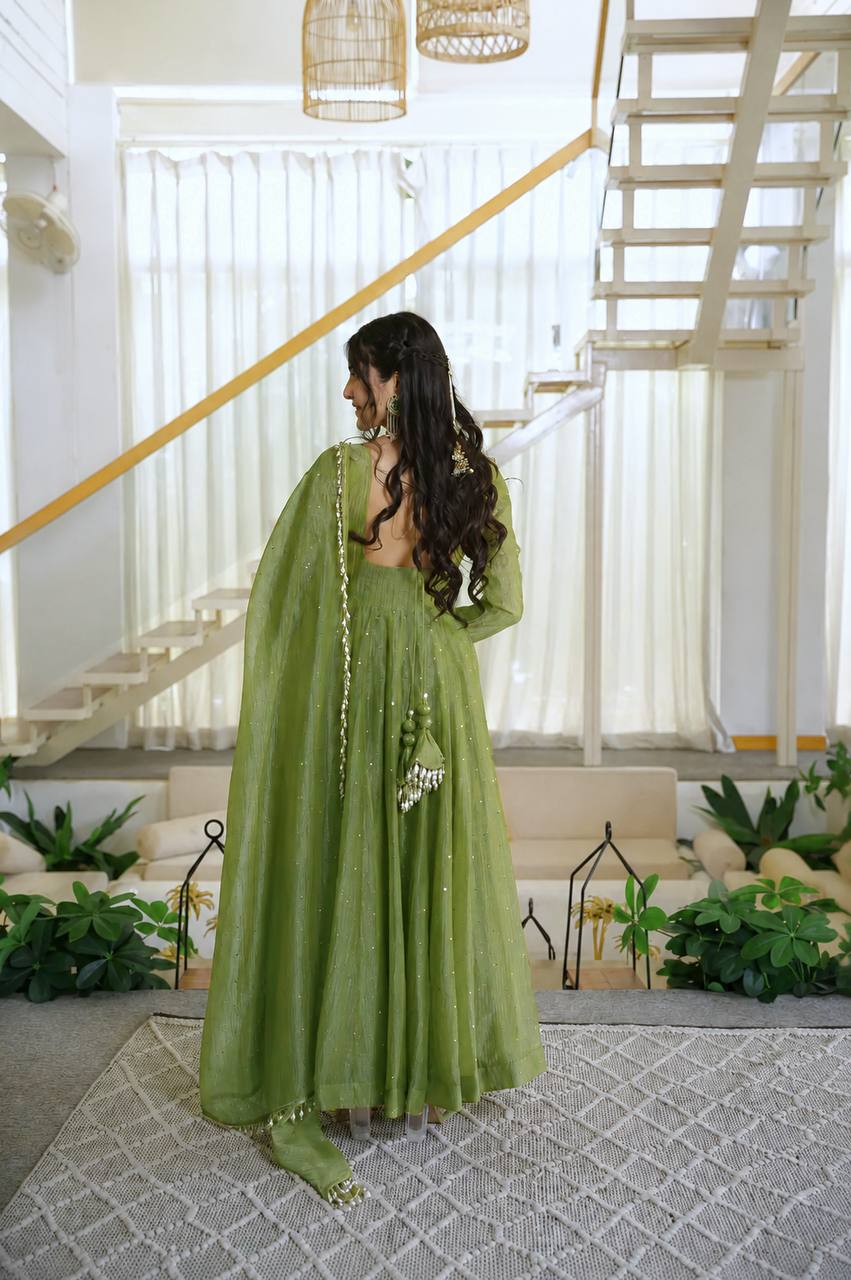 Foil Work Salsa Silk Gown Set with Dupatta