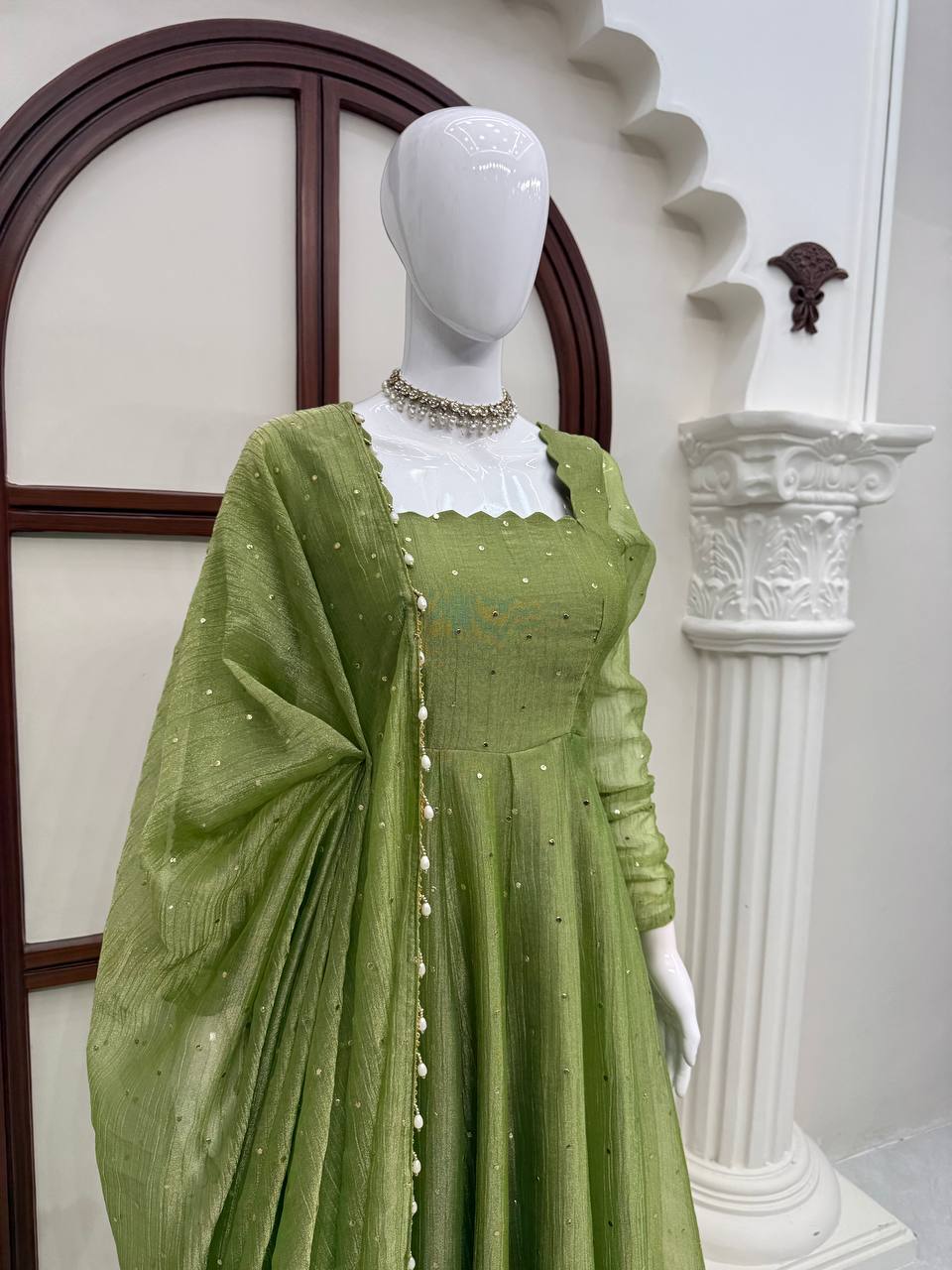 Foil Work Salsa Silk Gown Set with Dupatta