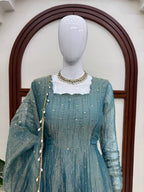 Foil Work Salsa Silk Gown Set with Dupatta