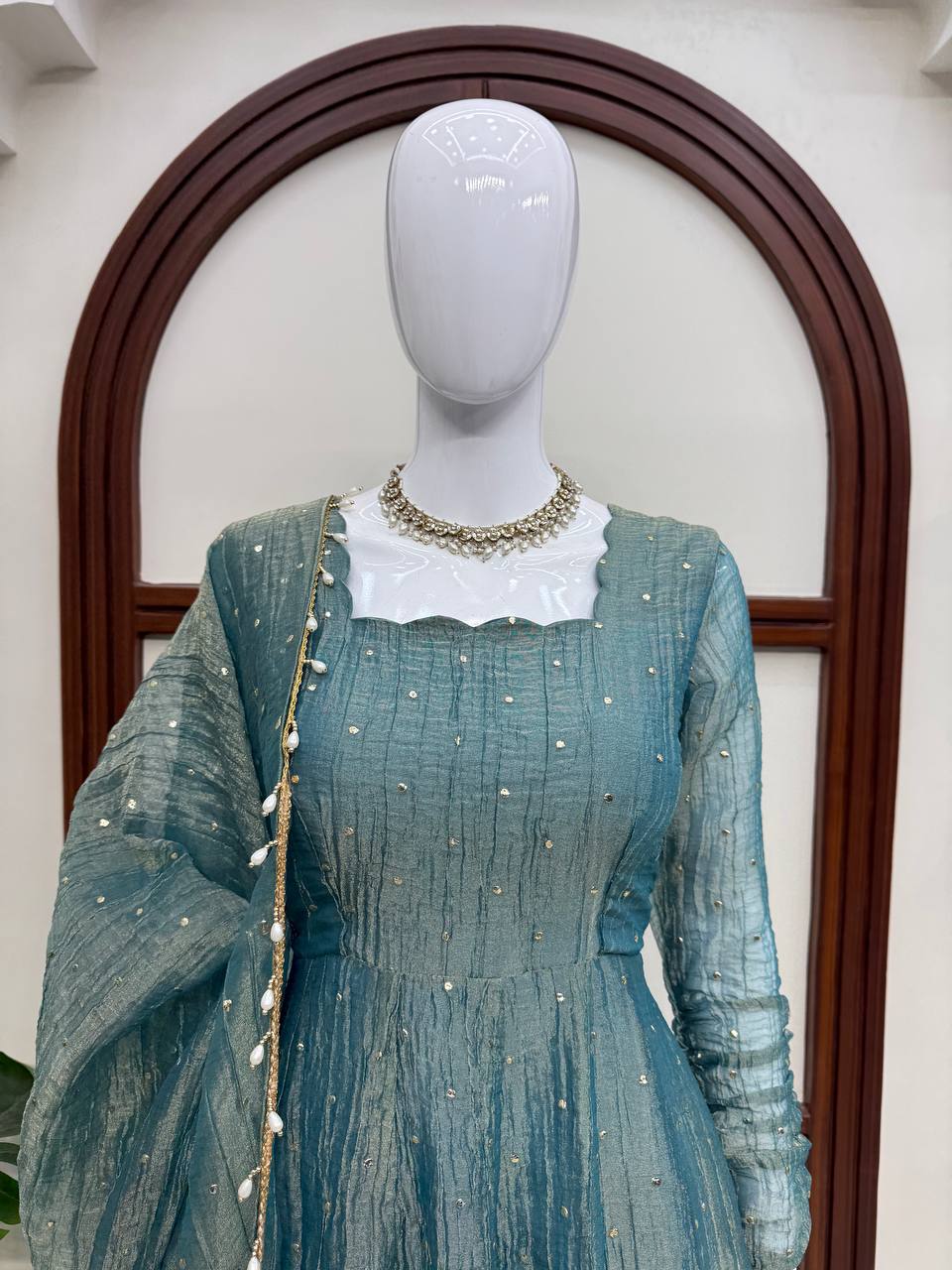 Foil Work Salsa Silk Gown Set with Dupatta