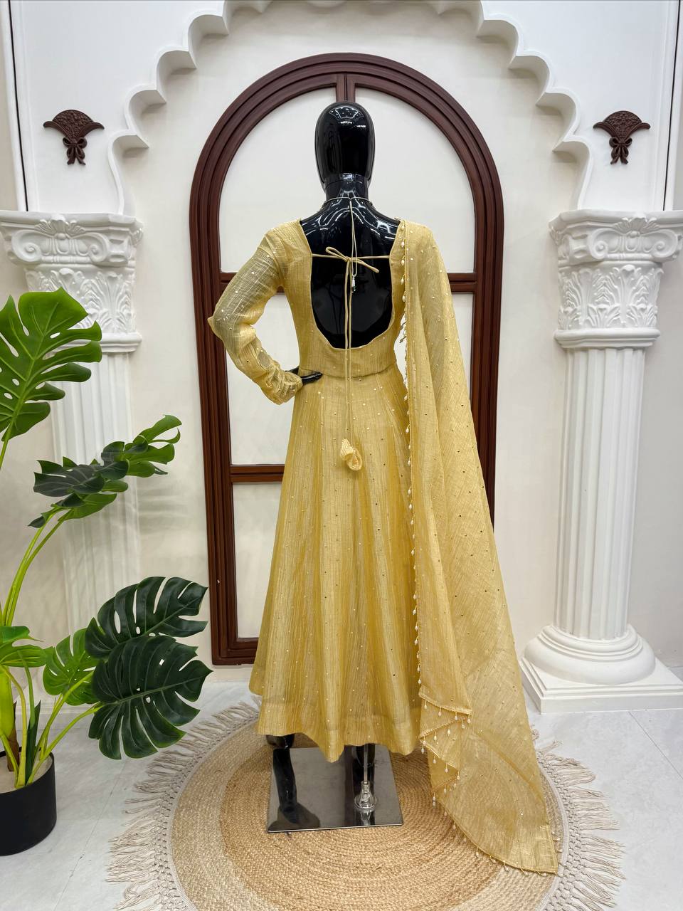 Foil Work Salsa Silk Gown Set with Dupatta
