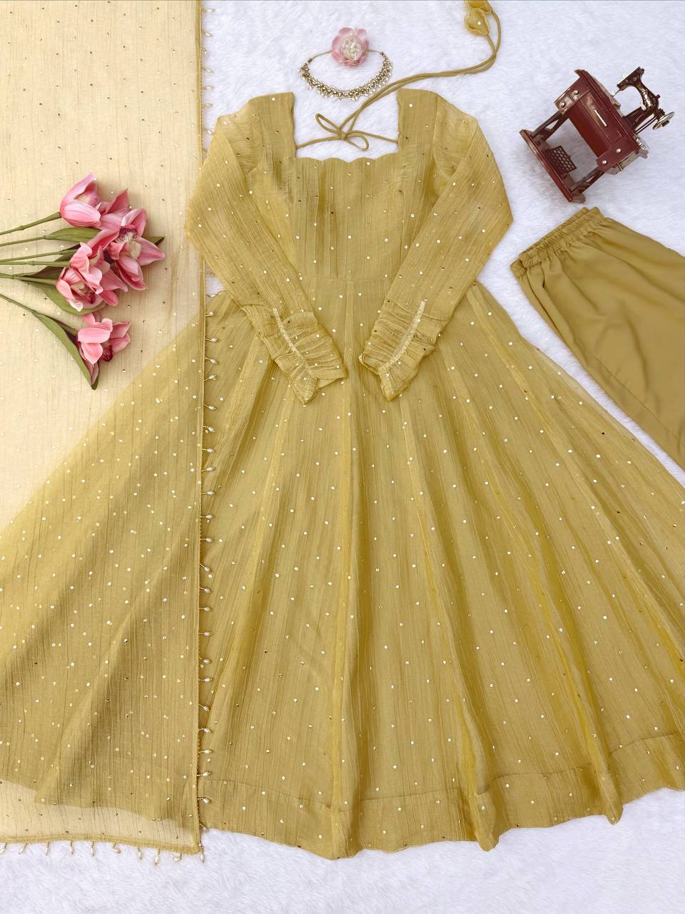 Foil Work Salsa Silk Gown Set with Dupatta