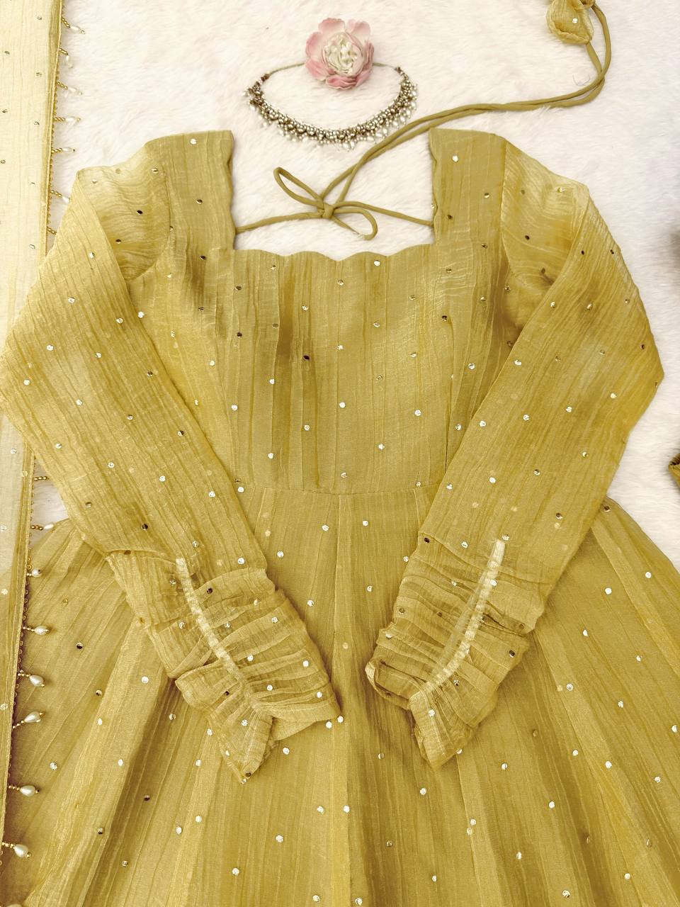 Foil Work Salsa Silk Gown Set with Dupatta