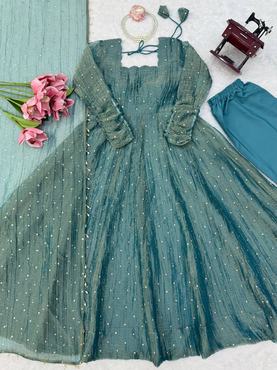 Foil Work Salsa Silk Gown Set with Dupatta