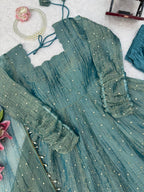 Foil Work Salsa Silk Gown Set with Dupatta