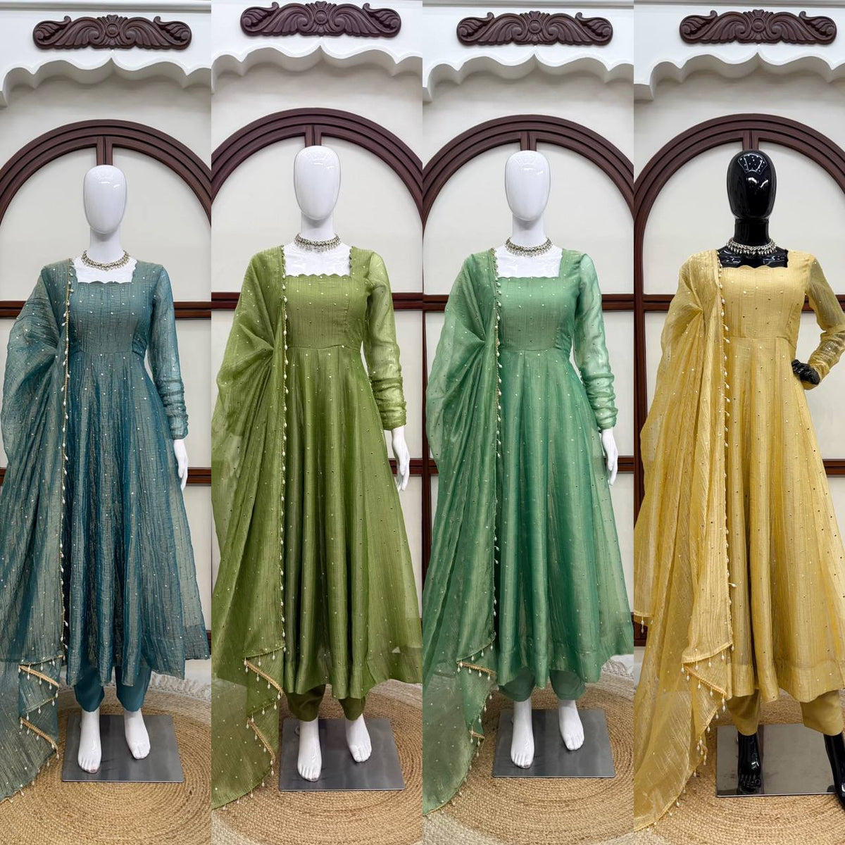 Foil Work Salsa Silk Gown Set with Dupatta