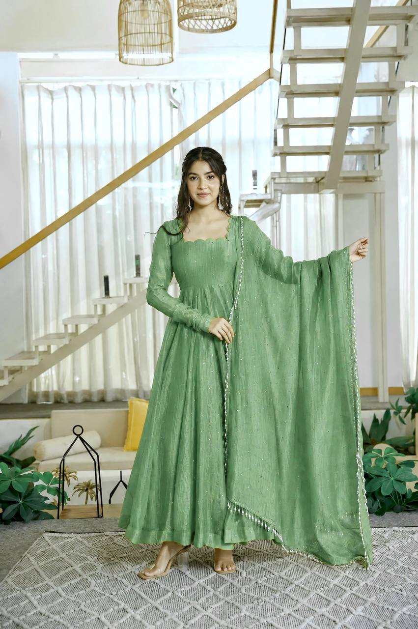 Foil Work Salsa Silk Gown Set with Dupatta