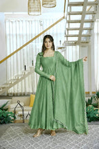 Foil Work Salsa Silk Gown Set with Dupatta