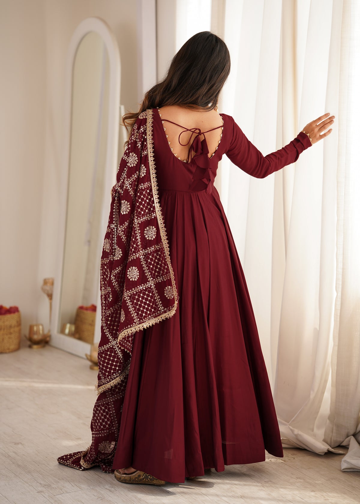 Pure Roman Silk Chanderi 16-Kali Anarkali Set | With Pant & Dupatta | Ready to Wear