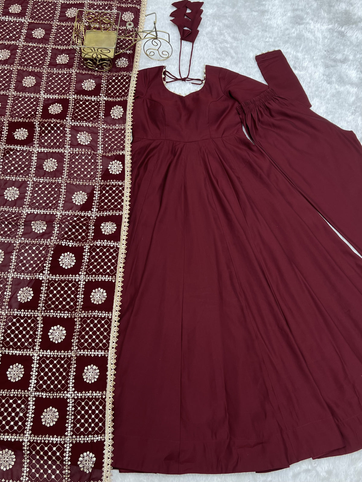 Pure Roman Silk Chanderi 16-Kali Anarkali Set | With Pant & Dupatta | Ready to Wear