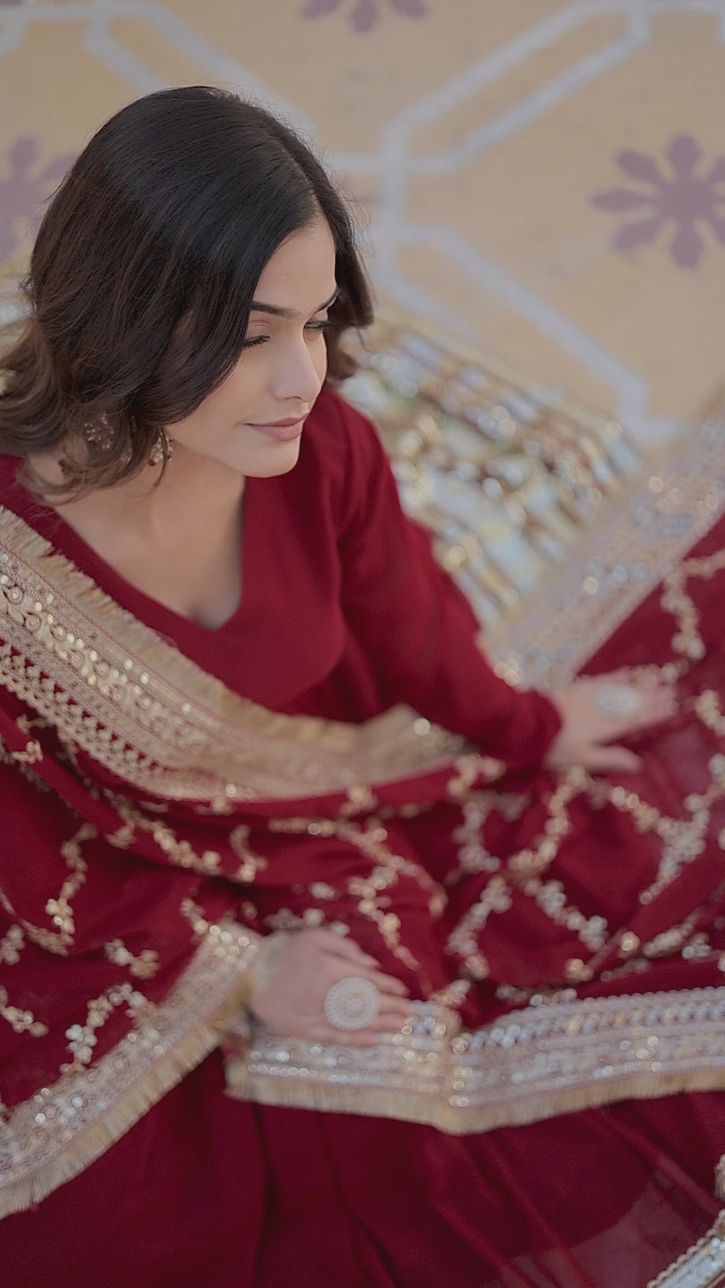 Maroon Blooming Gown with Dupatta | Zari Sequin Embroidered