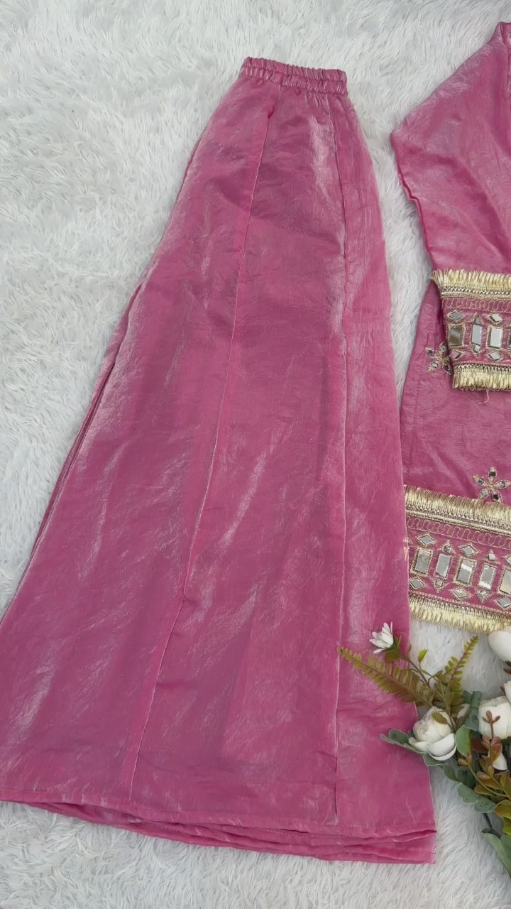 Kids Fendy Silk Embroidered Mirror Work 3-Piece Ethnic Set | Top, Palazzo & Dupatta