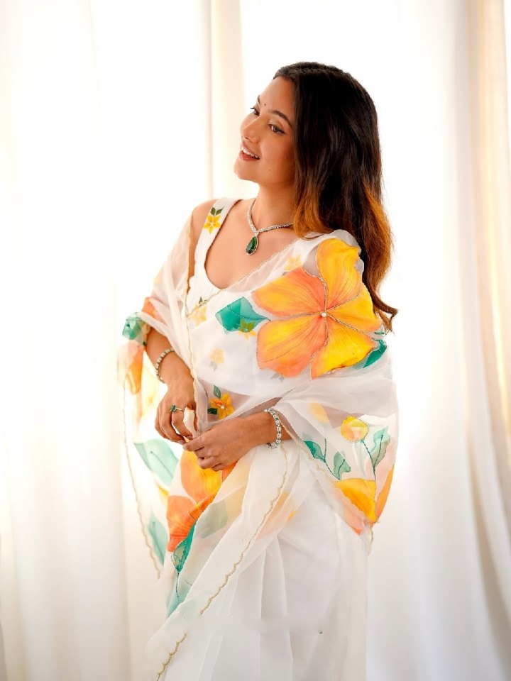 Organza Silk Printed & Handwork Ready To Wear Saree | Stitched Blouse | Multi