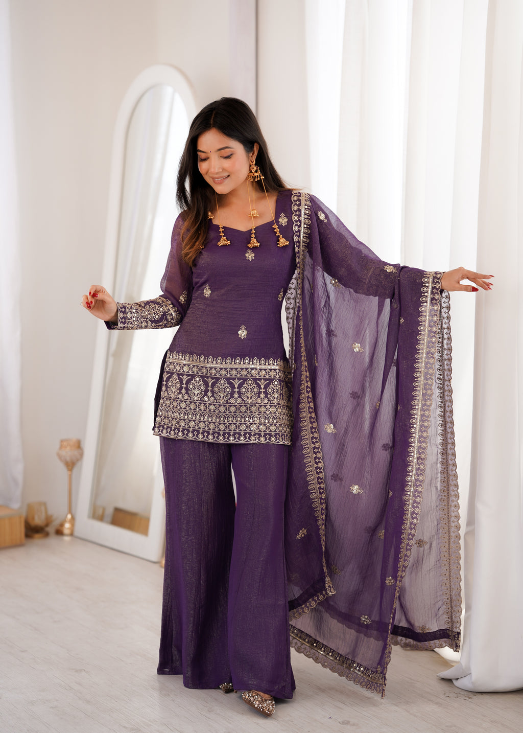 Crunchy Silk Embroidered Kurta Dupatta Set | Bell Bottom Pant | VrindaaLuxe