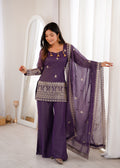 Crunchy Silk Embroidered Kurta Dupatta Set | Bell Bottom Pant | VrindaaLuxe
