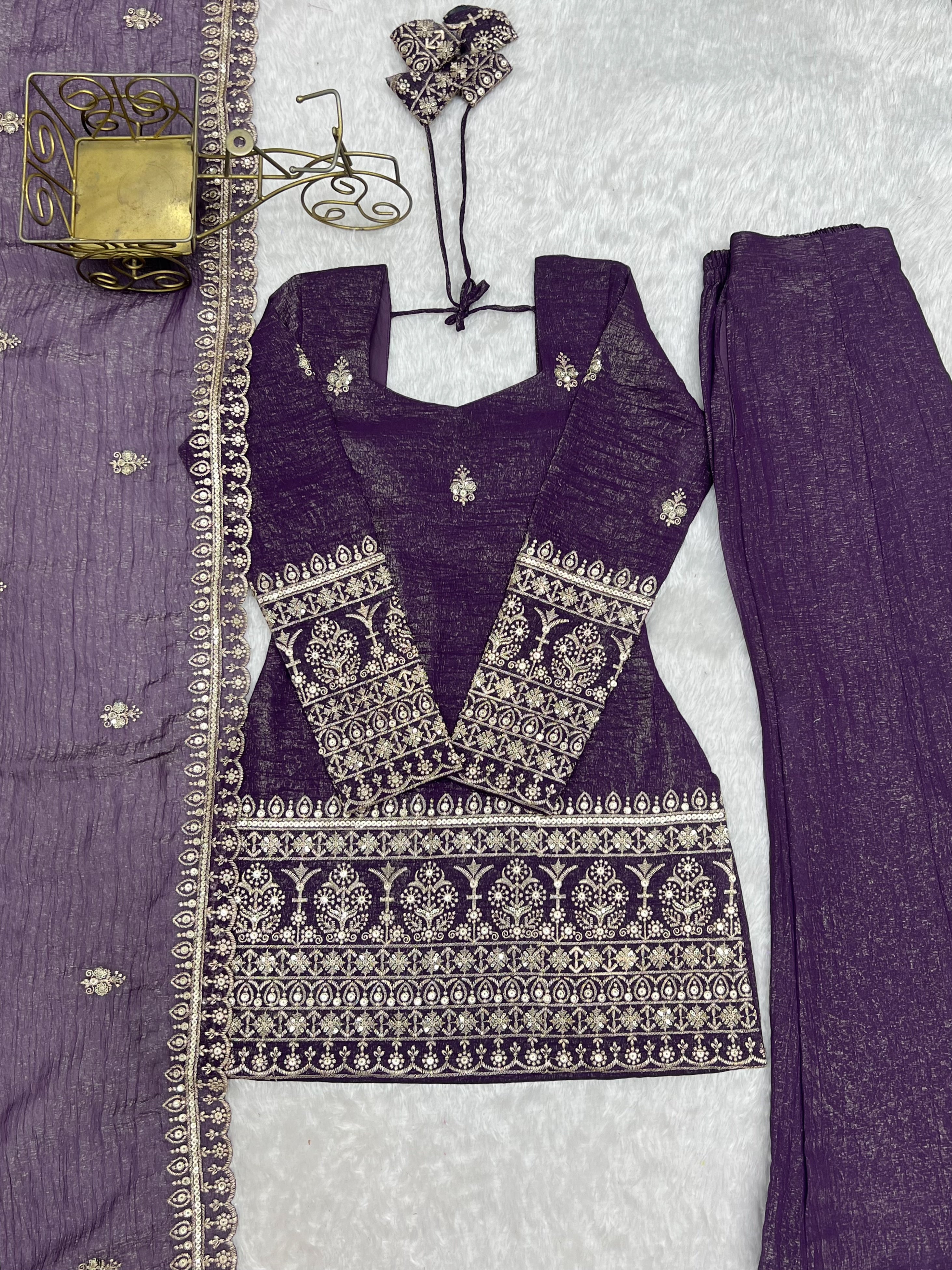 Crunchy Silk Embroidered Kurta Dupatta Set | Bell Bottom Pant | VrindaaLuxe