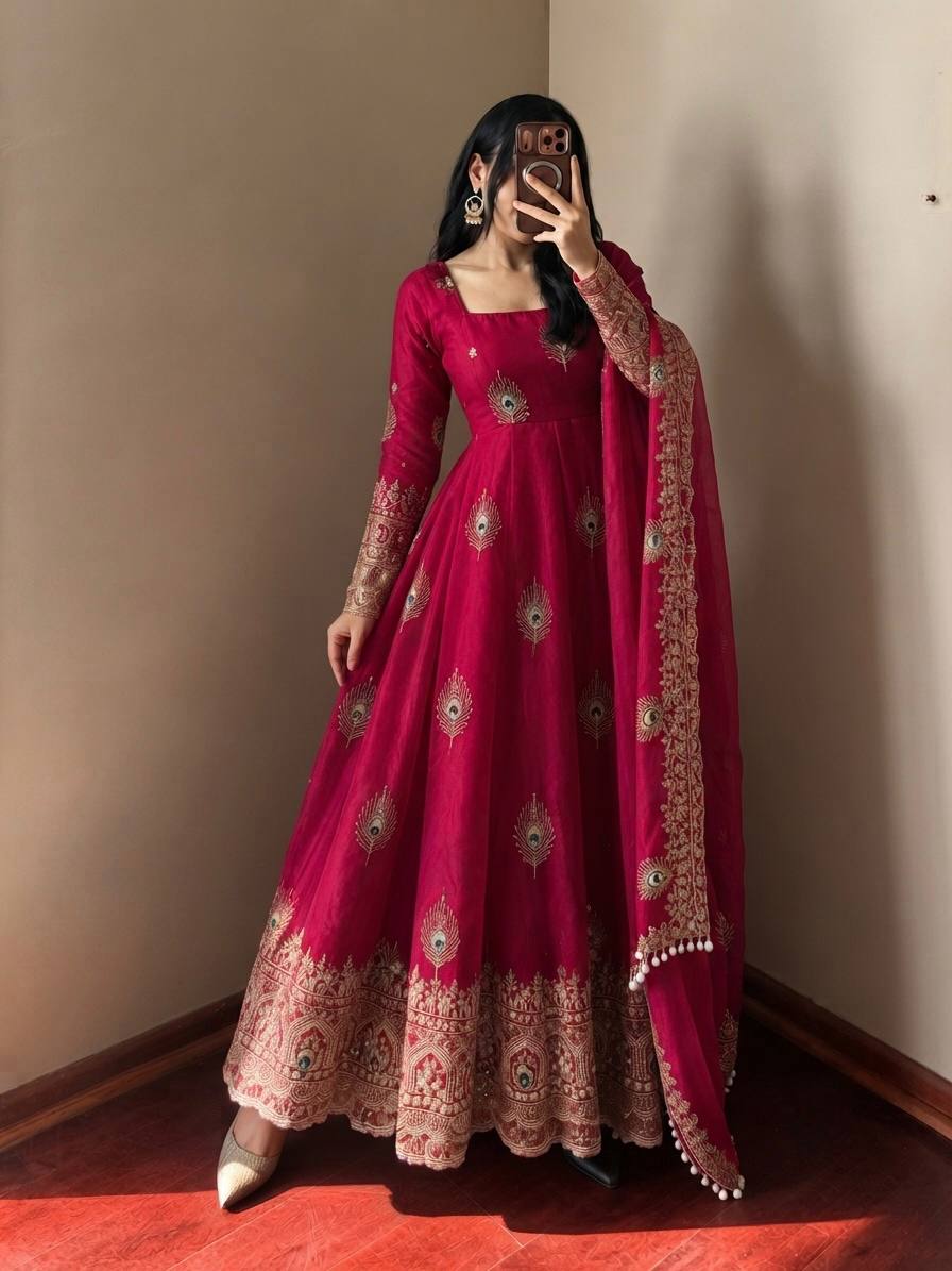 Fendy Silk Gown Set | Sequin Embroidered Dupatta | VrindaaLuxe