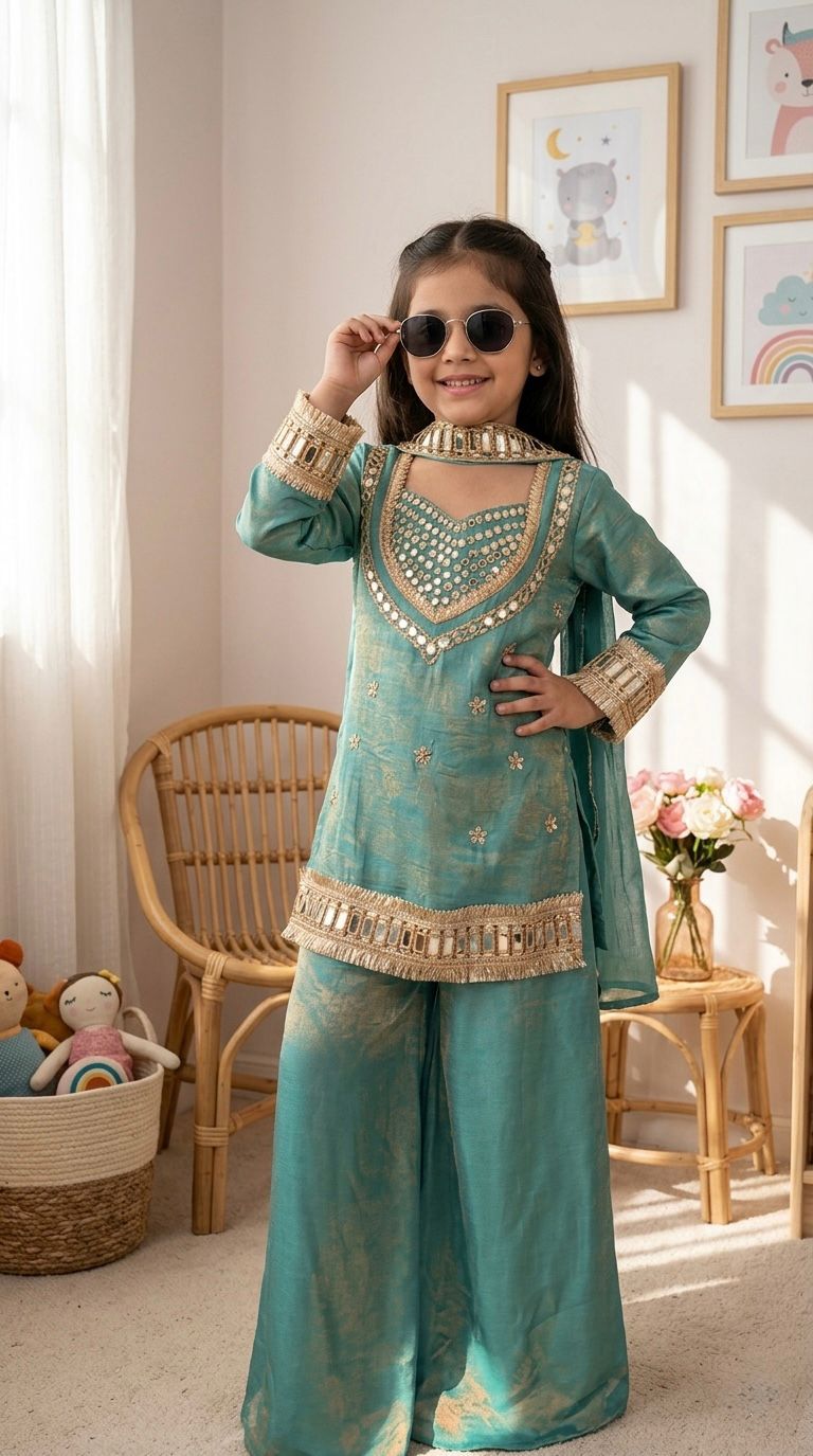 Kids Fendy Silk Embroidered Mirror Work 3-Piece Ethnic Set | Top, Palazzo & Dupatta