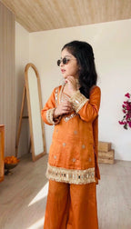 Kids Fendy Silk Embroidered Mirror Work 3-Piece Ethnic Set | Top, Palazzo & Dupatta