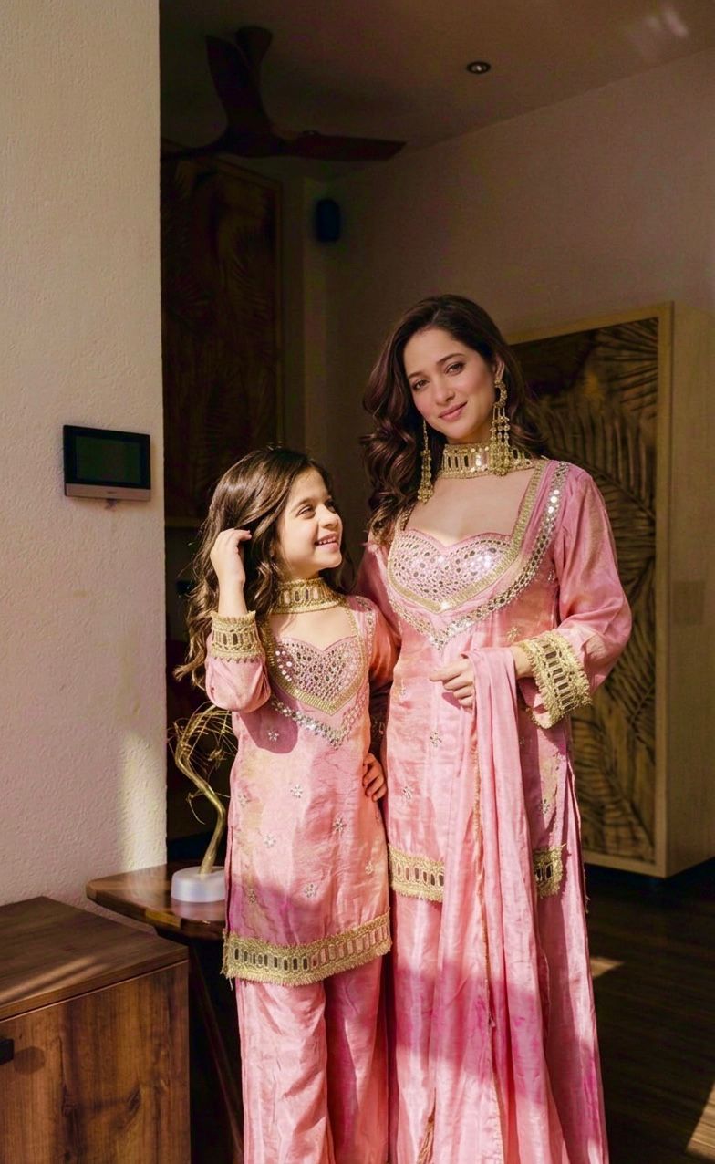 Kids Fendy Silk Embroidered Mirror Work 3-Piece Ethnic Set | Top, Palazzo & Dupatta