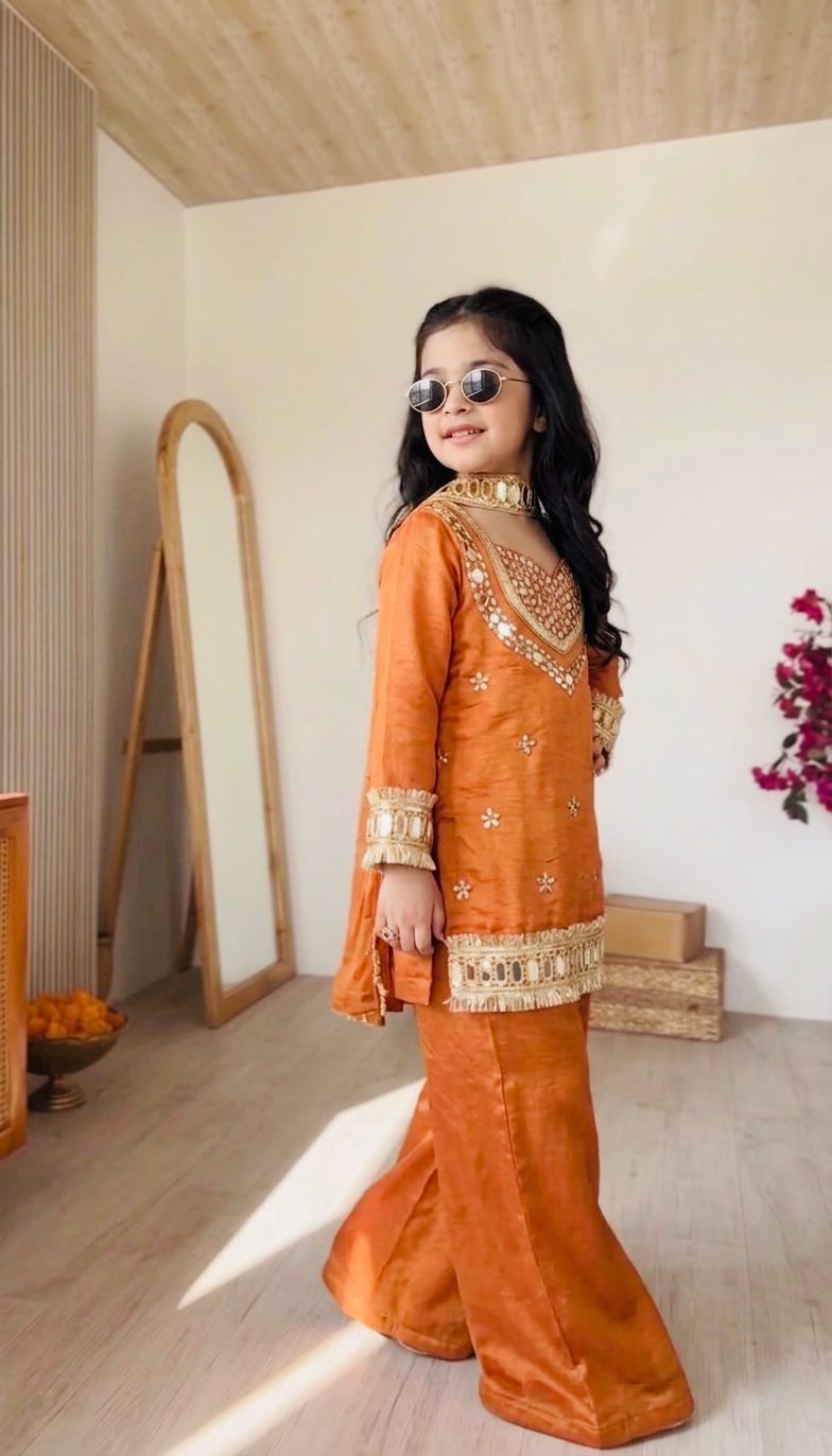 Kids Fendy Silk Embroidered Mirror Work 3-Piece Ethnic Set | Top, Palazzo & Dupatta