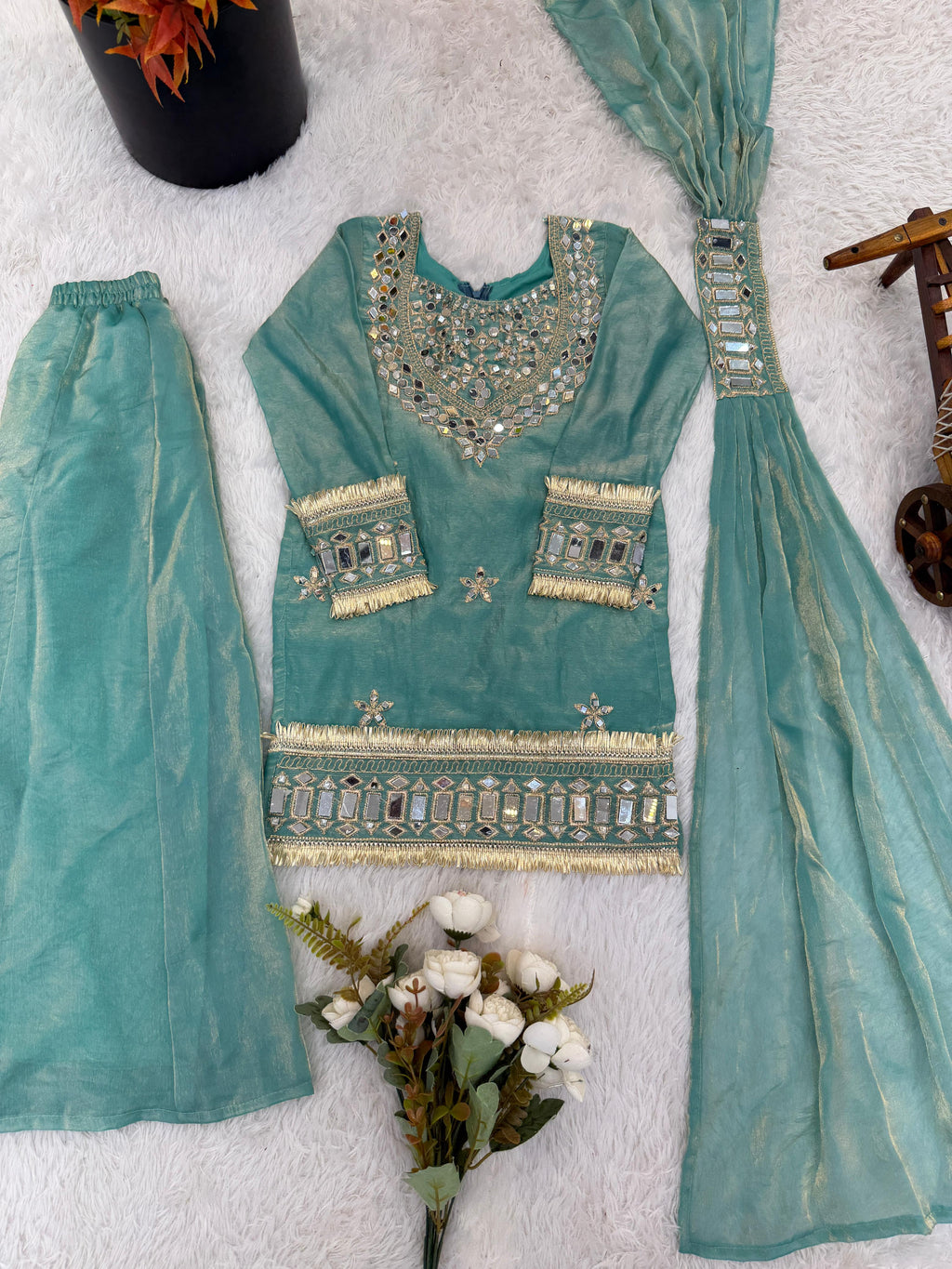 Kids Fendy Silk Embroidered Mirror Work 3-Piece Ethnic Set | Top, Palazzo & Dupatta