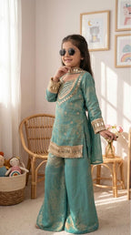 Kids Fendy Silk Embroidered Mirror Work 3-Piece Ethnic Set | Top, Palazzo & Dupatta