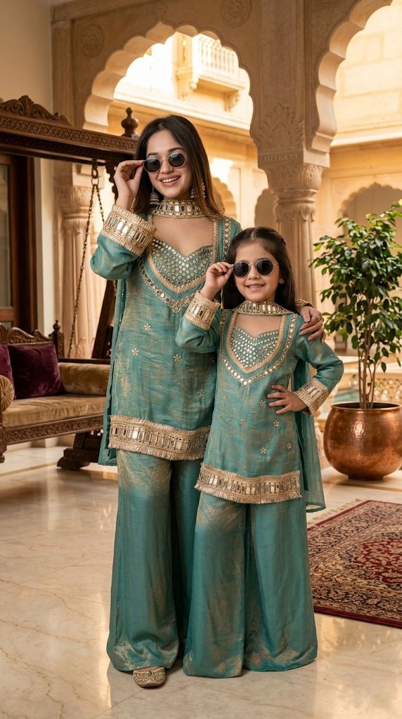 Kids Fendy Silk Embroidered Mirror Work 3-Piece Ethnic Set | Top, Palazzo & Dupatta