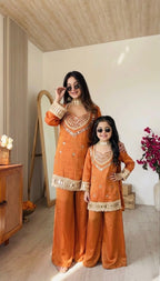 Kids Fendy Silk Embroidered Mirror Work 3-Piece Ethnic Set | Top, Palazzo & Dupatta