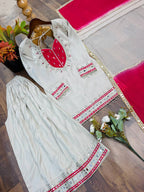 Roman glass mirror work top palazzo set with Kota checks dupatta - off-white red premium dress