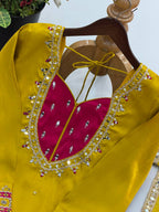 Roman glass mirror work top palazzo set with Kota checks dupatta - mustard yellow with pink contrast