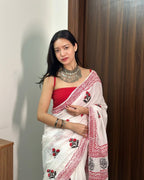 Mul Cotton Printed Pocket Saree | Relaxed Drape Silk Blouse Set | Rose Petal