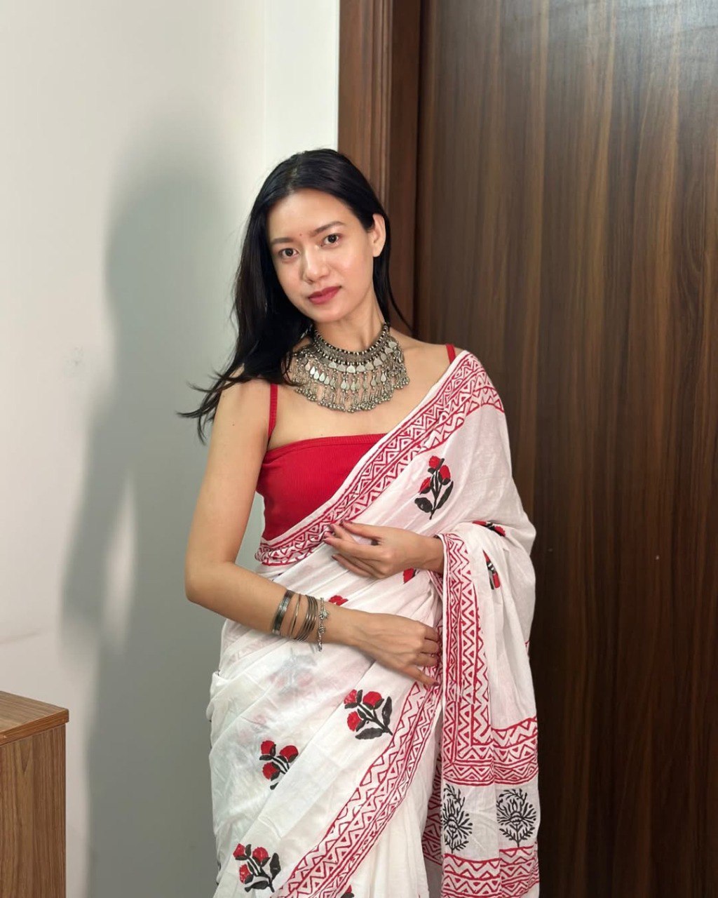 Mul Cotton Printed Pocket Saree | Relaxed Drape Silk Blouse Set | Rose Petal