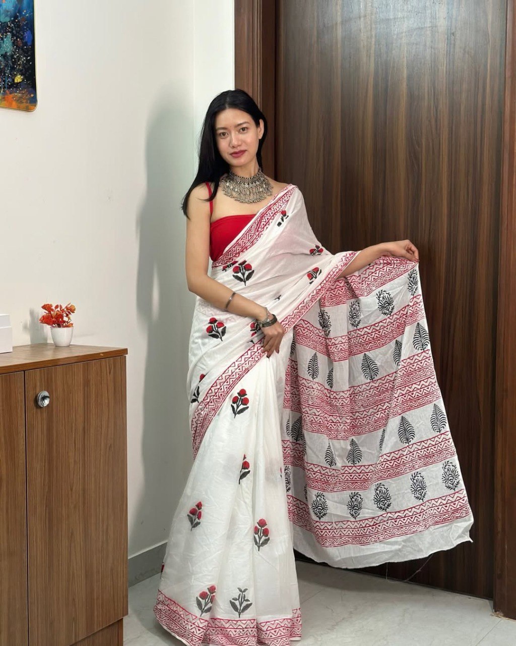 Mul Cotton Printed Pocket Saree | Relaxed Drape Silk Blouse Set | Rose Petal