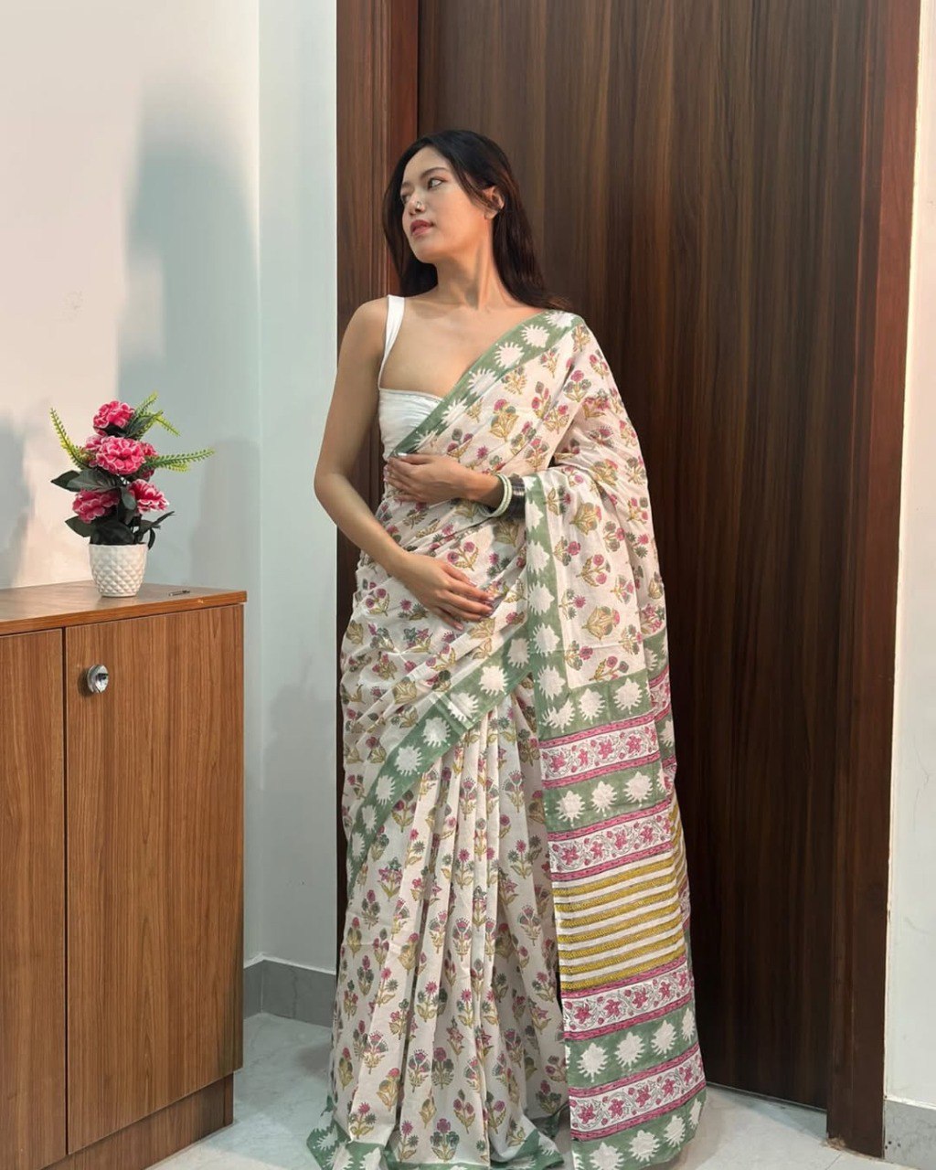 Sage Bloom Mul Cotton Ready To Wear Saree with Pocket | Daily Luxe