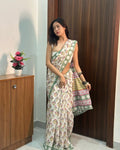 Sage Bloom Mul Cotton Ready To Wear Saree with Pocket | Daily Luxe