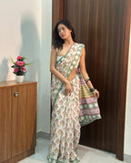 Sage Bloom Mul Cotton Ready To Wear Saree with Pocket | Daily Luxe