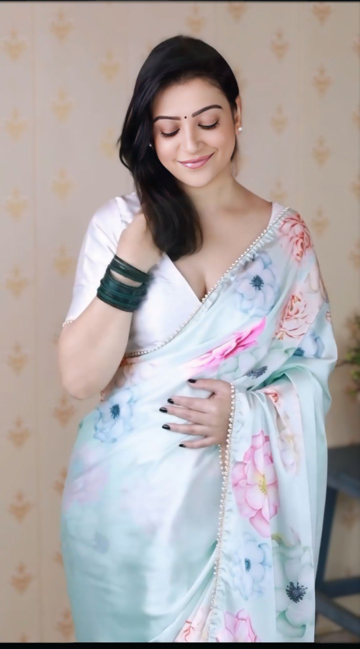Ivory white satin silk printed ready-to-wear saree for festive occasions – VrindaaLuxe
